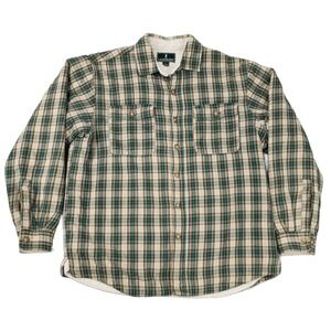 Lanesboro Mens L Sherpa Lined Green Plaid Button Up Flannel Shirt Thick Cozy